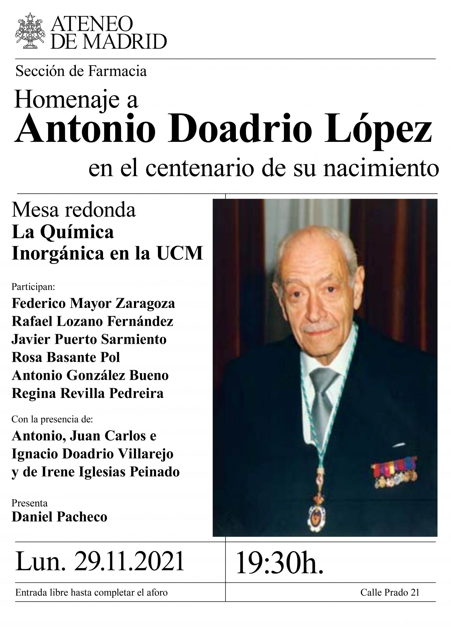 La Química Inorgánica en la Facultad de Farmacia de la UCM. Profesor Antonio Doadrio López en su centenario